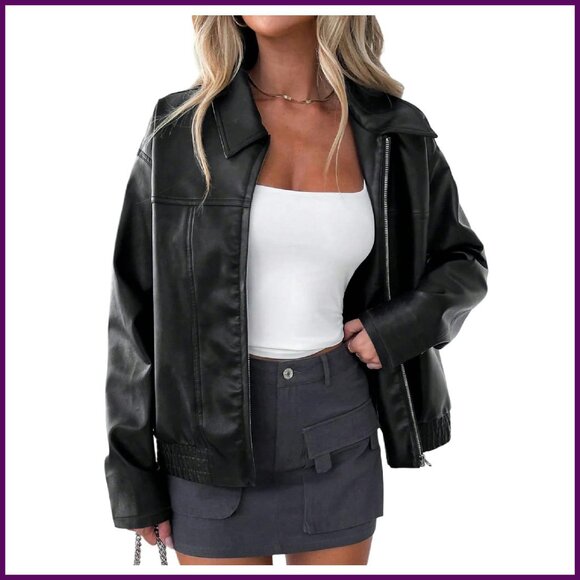 Faux Leather Motorcycle Jacket Zip Front Streetwear Outerwear Women's